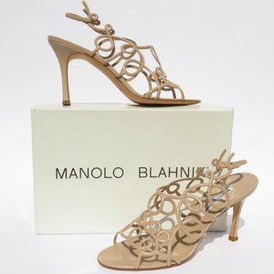 MANOLO BLAHNIK Gori Beige Swirl Cage Sandals 39.5